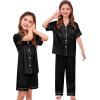 image:imageSWOMOG Kids Silk Pajamas 3 Piece Girls Boys Satin Pajamas Set ButtonDown PJs Set Soft Loungewear Short Sleeve SleepwearDeep Black