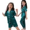 image:imageSWOMOG Kids Silk Pajamas 3 Piece Girls Boys Satin Pajamas Set ButtonDown PJs Set Soft Loungewear Short Sleeve SleepwearDeep Green
