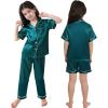 image:imageSWOMOG Kids Silk Pajamas 3 Piece Girls Boys Satin Pajamas Set ButtonDown PJs Set Soft Loungewear Short Sleeve SleepwearDeep Green
