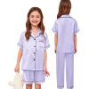 image:imageSWOMOG Kids Silk Pajamas 3 Piece Girls Boys Satin Pajamas Set ButtonDown PJs Set Soft Loungewear Short Sleeve SleepwearLavender
