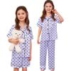 image:imageSWOMOG Kids Silk Pajamas 3 Piece Girls Boys Satin Pajamas Set ButtonDown PJs Set Soft Loungewear Short Sleeve SleepwearLavender Dots