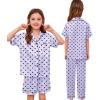 image:imageSWOMOG Kids Silk Pajamas 3 Piece Girls Boys Satin Pajamas Set ButtonDown PJs Set Soft Loungewear Short Sleeve SleepwearLavender Dots