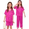 image:imageSWOMOG Kids Silk Pajamas 3 Piece Girls Boys Satin Pajamas Set ButtonDown PJs Set Soft Loungewear Short Sleeve SleepwearLeopard Pink