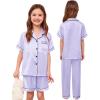 image:imageSWOMOG Kids Silk Pajamas 3 Piece Girls Boys Satin Pajamas Set ButtonDown PJs Set Soft Loungewear Short Sleeve SleepwearLight Lavender
