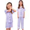 image:imageSWOMOG Kids Silk Pajamas 3 Piece Girls Boys Satin Pajamas Set ButtonDown PJs Set Soft Loungewear Short Sleeve SleepwearLight Lavender