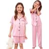 image:imageSWOMOG Kids Silk Pajamas 3 Piece Girls Boys Satin Pajamas Set ButtonDown PJs Set Soft Loungewear Short Sleeve SleepwearLight Pink