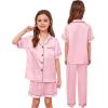 image:imageSWOMOG Kids Silk Pajamas 3 Piece Girls Boys Satin Pajamas Set ButtonDown PJs Set Soft Loungewear Short Sleeve SleepwearLight Pink