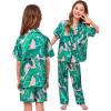 image:imageSWOMOG Kids Silk Pajamas 3 Piece Girls Boys Satin Pajamas Set ButtonDown PJs Set Soft Loungewear Short Sleeve SleepwearLight Pink Leaves
