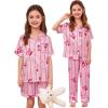 image:imageSWOMOG Kids Silk Pajamas 3 Piece Girls Boys Satin Pajamas Set ButtonDown PJs Set Soft Loungewear Short Sleeve SleepwearLight Pink Stripes