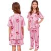 image:imageSWOMOG Kids Silk Pajamas 3 Piece Girls Boys Satin Pajamas Set ButtonDown PJs Set Soft Loungewear Short Sleeve SleepwearLight Pink Stripes