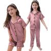 image:imageSWOMOG Kids Silk Pajamas 3 Piece Girls Boys Satin Pajamas Set ButtonDown PJs Set Soft Loungewear Short Sleeve SleepwearMisty Rose
