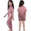 image:imageSWOMOG Kids Silk Pajamas 3 Piece Girls Boys Satin Pajamas Set ButtonDown PJs Set Soft Loungewear Short Sleeve SleepwearMisty Rose