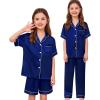 image:imageSWOMOG Kids Silk Pajamas 3 Piece Girls Boys Satin Pajamas Set ButtonDown PJs Set Soft Loungewear Short Sleeve SleepwearNavy Blue