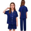 image:imageSWOMOG Kids Silk Pajamas 3 Piece Girls Boys Satin Pajamas Set ButtonDown PJs Set Soft Loungewear Short Sleeve SleepwearNavy Blue