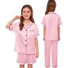 image:imageSWOMOG Kids Silk Pajamas 3 Piece Girls Boys Satin Pajamas Set ButtonDown PJs Set Soft Loungewear Short Sleeve SleepwearPink