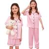 image:imageSWOMOG Kids Silk Pajamas 3 Piece Girls Boys Satin Pajamas Set ButtonDown PJs Set Soft Loungewear Short Sleeve SleepwearPink