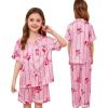 image:imageSWOMOG Kids Silk Pajamas 3 Piece Girls Boys Satin Pajamas Set ButtonDown PJs Set Soft Loungewear Short Sleeve SleepwearPink Bow