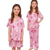 image:imageSWOMOG Kids Silk Pajamas 3 Piece Girls Boys Satin Pajamas Set ButtonDown PJs Set Soft Loungewear Short Sleeve SleepwearPink Bow