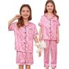 image:imageSWOMOG Kids Silk Pajamas 3 Piece Girls Boys Satin Pajamas Set ButtonDown PJs Set Soft Loungewear Short Sleeve SleepwearPink Leopard
