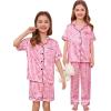 image:imageSWOMOG Kids Silk Pajamas 3 Piece Girls Boys Satin Pajamas Set ButtonDown PJs Set Soft Loungewear Short Sleeve SleepwearPink Print Leopard
