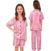 image:imageSWOMOG Kids Silk Pajamas 3 Piece Girls Boys Satin Pajamas Set ButtonDown PJs Set Soft Loungewear Short Sleeve SleepwearPink Print Leopard
