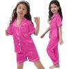 image:imageSWOMOG Kids Silk Pajamas 3 Piece Girls Boys Satin Pajamas Set ButtonDown PJs Set Soft Loungewear Short Sleeve SleepwearPink Rose