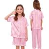 image:imageSWOMOG Kids Silk Pajamas 3 Piece Girls Boys Satin Pajamas Set ButtonDown PJs Set Soft Loungewear Short Sleeve SleepwearPink Striped