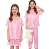 image:imageSWOMOG Kids Silk Pajamas 3 Piece Girls Boys Satin Pajamas Set ButtonDown PJs Set Soft Loungewear Short Sleeve SleepwearPink Striped