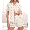 image:imageSWOMOG Women 2 Piece Pajamas Sets Short Sleeve Pj Sets Cute Printed Sleepwear Button Down Shirt with Lounge Shorts SetBeige Cherry