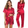 image:imageSWOMOG Women 4Pcs Silk Pajamas Set Button Down Sleepwear Loungewear Pj Sets for Ladies NightwearChristmas Red