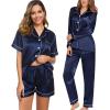 image:imageSWOMOG Women 4Pcs Silk Pajamas Set Button Down Sleepwear Loungewear Pj Sets for Ladies NightwearDeep Navy Blue