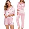 image:imageSWOMOG Women 4Pcs Silk Pajamas Set Button Down Sleepwear Loungewear Pj Sets for Ladies NightwearPink