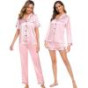 image:imageSWOMOG Women 4Pcs Silk Pajamas Set Button Down Sleepwear Loungewear Pj Sets for Ladies NightwearPink