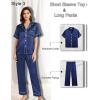 image:imageSWOMOG Women 4Pcs Silk Pajamas Set Button Down Sleepwear Loungewear Pj Sets for Ladies NightwearZ Double Piping  Navy Blue