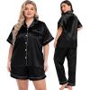 image:imageSWOMOG Women Plus Size Pajama Set Button Down Pjs 3pcs Silk Satin Sleepwear Loose Shorts Sleeve Loungewear 18W26WBlack