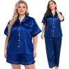 image:imageSWOMOG Women Plus Size Pajama Set Button Down Pjs 3pcs Silk Satin Sleepwear Loose Shorts Sleeve Loungewear 18W26WNavy Blue