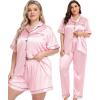 image:imageSWOMOG Women Plus Size Pajama Set Button Down Pjs 3pcs Silk Satin Sleepwear Loose Shorts Sleeve Loungewear 18W26WPink