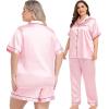 image:imageSWOMOG Women Plus Size Pajama Set Button Down Pjs 3pcs Silk Satin Sleepwear Loose Shorts Sleeve Loungewear 18W26WPink