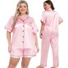 image:imageSWOMOG Women Plus Size Pajama Set Button Down Pjs 3pcs Silk Satin Sleepwear Loose Shorts Sleeve Loungewear 18W26WPink