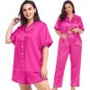 image:imageSWOMOG Women Plus Size Pajama Set Button Down Pjs 3pcs Silk Satin Sleepwear Loose Shorts Sleeve Loungewear 18W26WRose Red