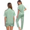 image:imageSWOMOG Womens Silk Satin Pajama Sets 3Pcs Button Down Pj Set Short Sleeve Sleepwear Loungewear Pjs Nightwear XSXXLAvocado Green