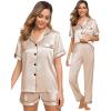 image:imageSWOMOG Womens Silk Satin Pajama Sets 3Pcs Button Down Pj Set Short Sleeve Sleepwear Loungewear Pjs Nightwear XSXXLChampagne