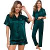 image:imageSWOMOG Womens Silk Satin Pajama Sets 3Pcs Button Down Pj Set Short Sleeve Sleepwear Loungewear Pjs Nightwear XSXXLDeep Green