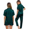 image:imageSWOMOG Womens Silk Satin Pajama Sets 3Pcs Button Down Pj Set Short Sleeve Sleepwear Loungewear Pjs Nightwear XSXXLDeep Green