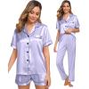image:imageSWOMOG Womens Silk Satin Pajama Sets 3Pcs Button Down Pj Set Short Sleeve Sleepwear Loungewear Pjs Nightwear XSXXLLavender