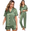 image:imageSWOMOG Womens Silk Satin Pajama Sets 3Pcs Button Down Pj Set Short Sleeve Sleepwear Loungewear Pjs Nightwear XSXXLMatcha