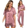 image:imageSWOMOG Womens Silk Satin Pajama Sets 3Pcs Button Down Pj Set Short Sleeve Sleepwear Loungewear Pjs Nightwear XSXXLMisty Rose