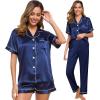 image:imageSWOMOG Womens Silk Satin Pajama Sets 3Pcs Button Down Pj Set Short Sleeve Sleepwear Loungewear Pjs Nightwear XSXXLNavy Blue