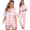 image:imageSWOMOG Womens Silk Satin Pajama Sets 3Pcs Button Down Pj Set Short Sleeve Sleepwear Loungewear Pjs Nightwear XSXXLPink