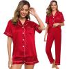 image:imageSWOMOG Womens Silk Satin Pajama Sets 3Pcs Button Down Pj Set Short Sleeve Sleepwear Loungewear Pjs Nightwear XSXXLRed